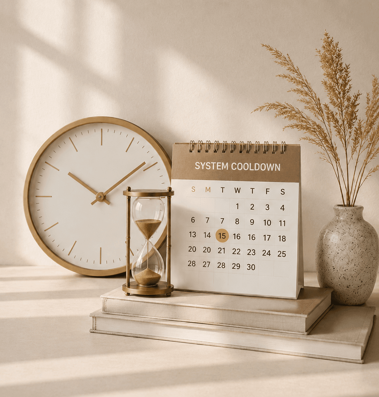 System Cooldown — Calendar, hourglass and clock scene